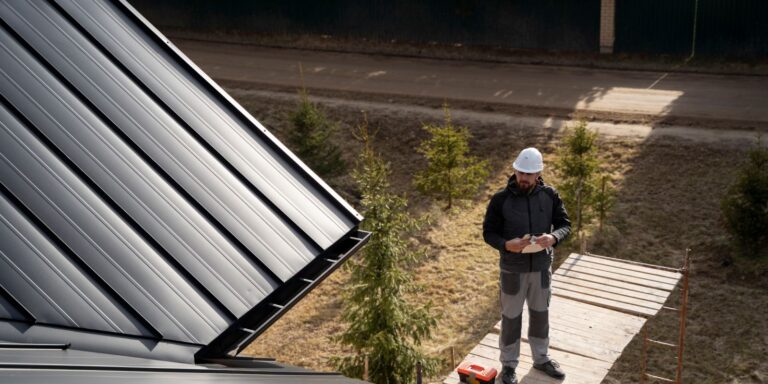 Solarpanele auf einem Dach mit Blick auf eine Stadt